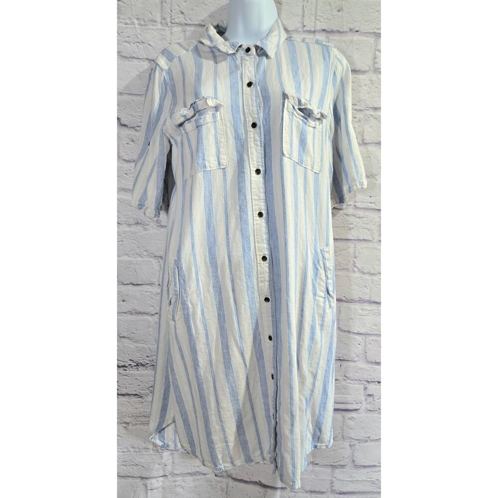 Intro Blue White Striped Linen Button Up Shirt Dress L Pockets Collard